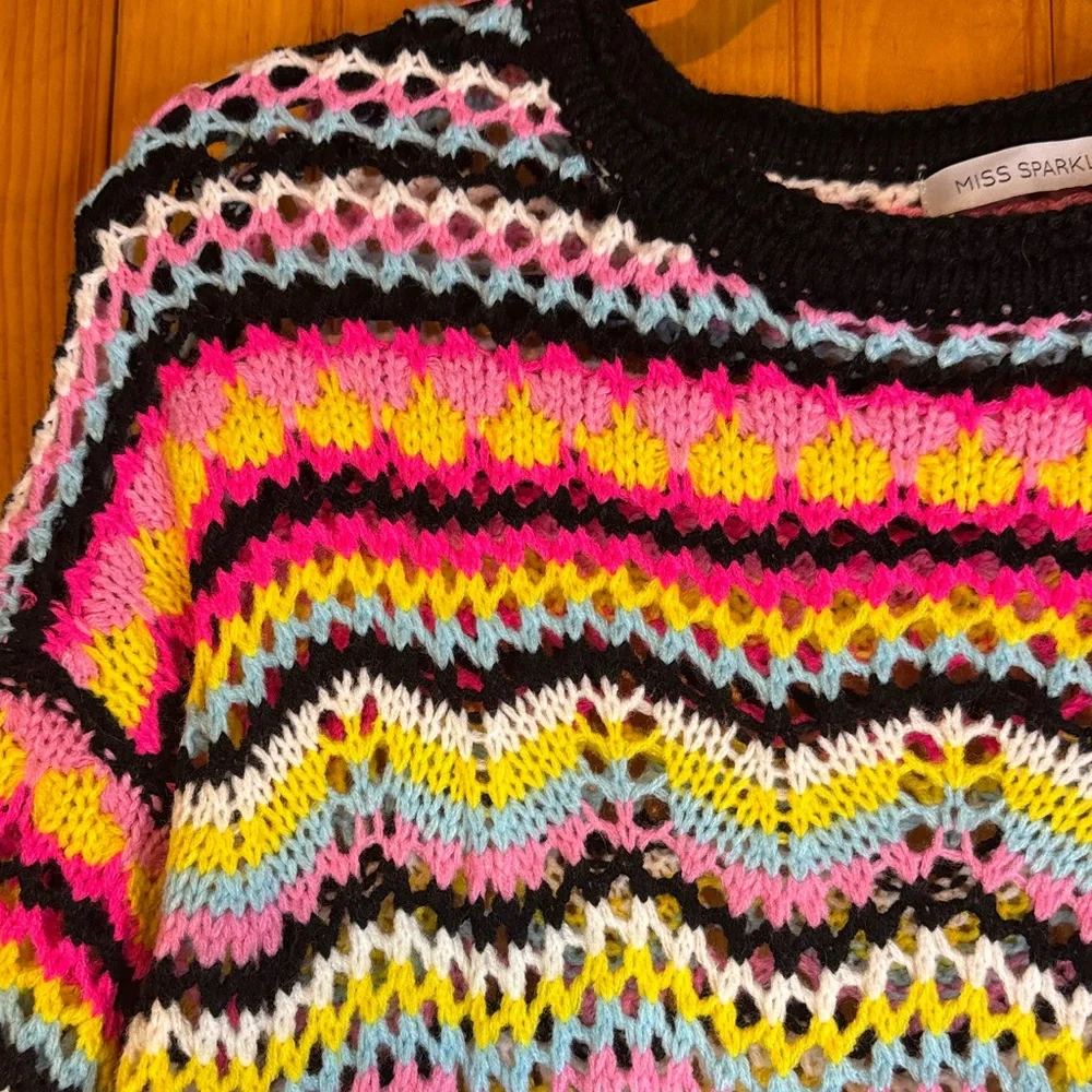 Miss Sparkling Colorful Striped Crocheted Women's Crew Neck Sweater - Picture 4 of 9